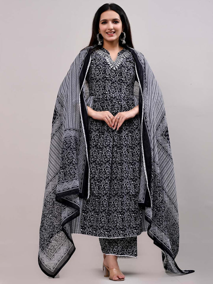 Printed Cotton Kurta With Pants &amp; Dupatta