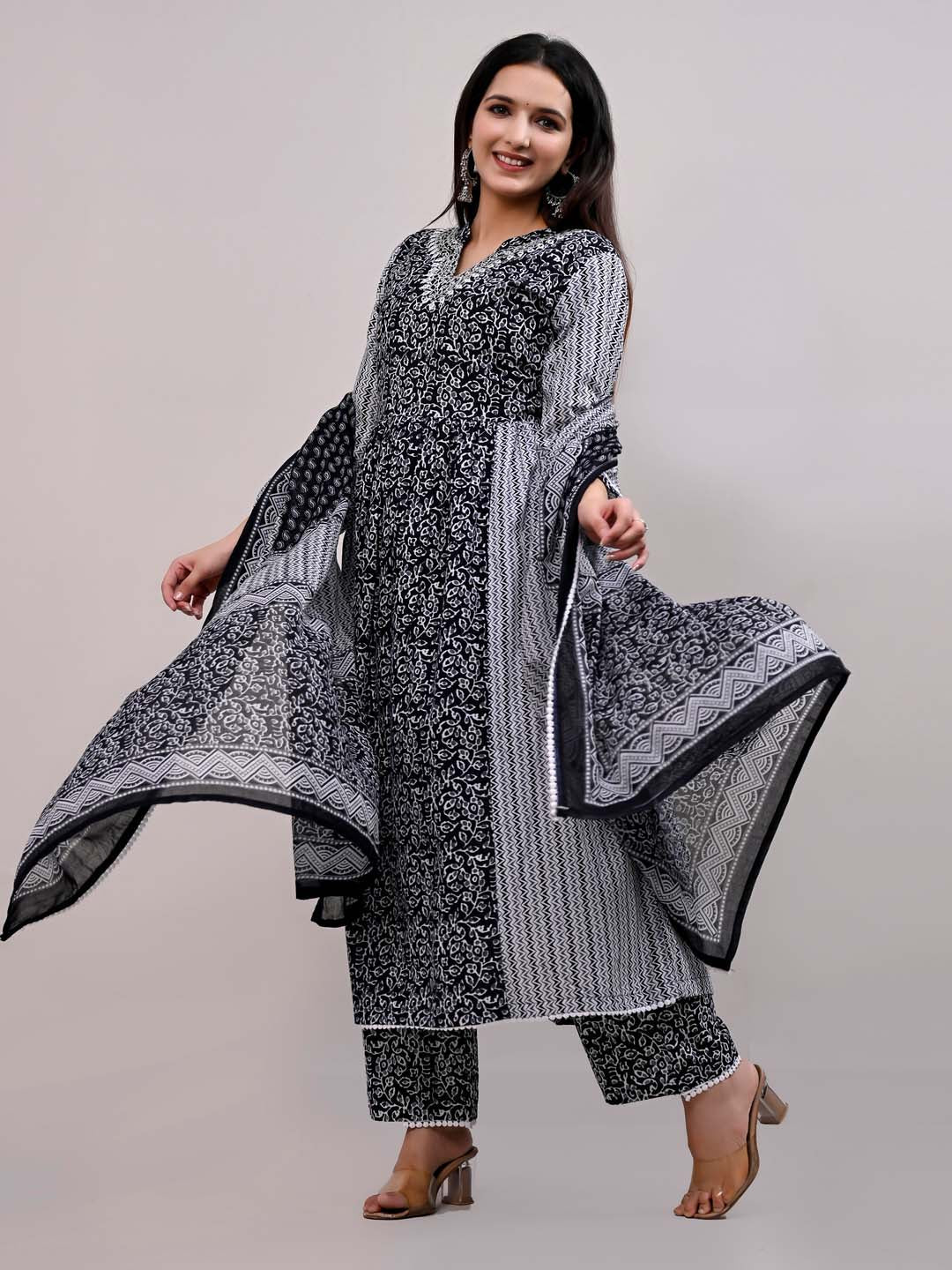Printed Cotton Kurta With Pants &amp; Dupatta