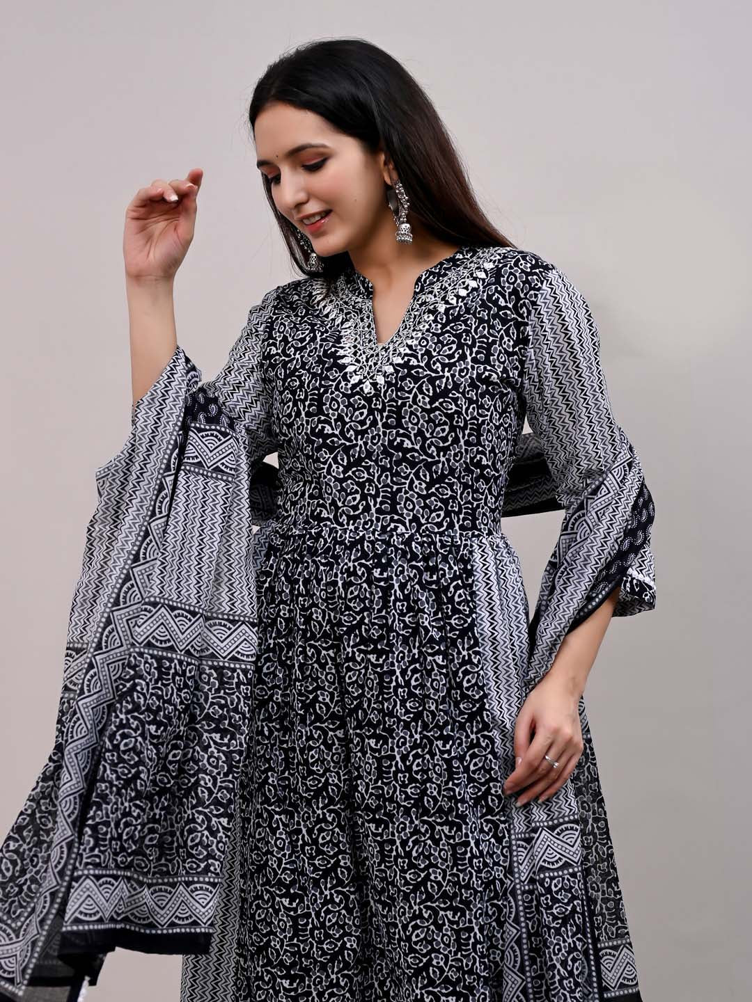 Printed Cotton Kurta With Pants &amp; Dupatta