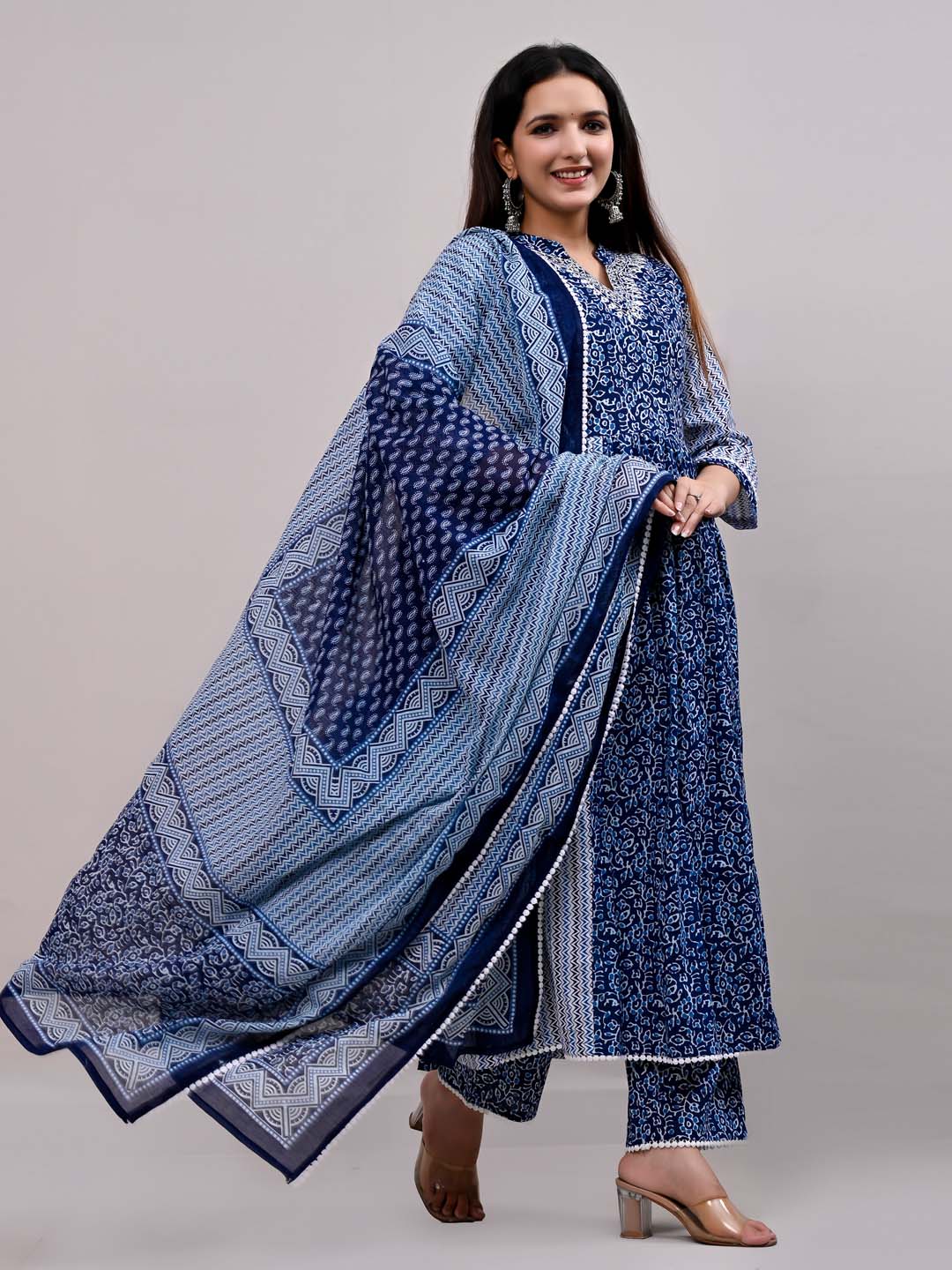 Printed Cotton Kurta With Pants &amp; Dupatta