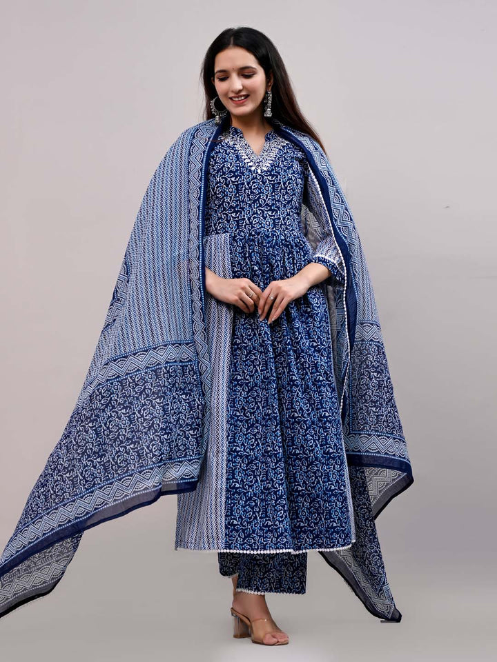 Printed Cotton Kurta With Pants &amp; Dupatta