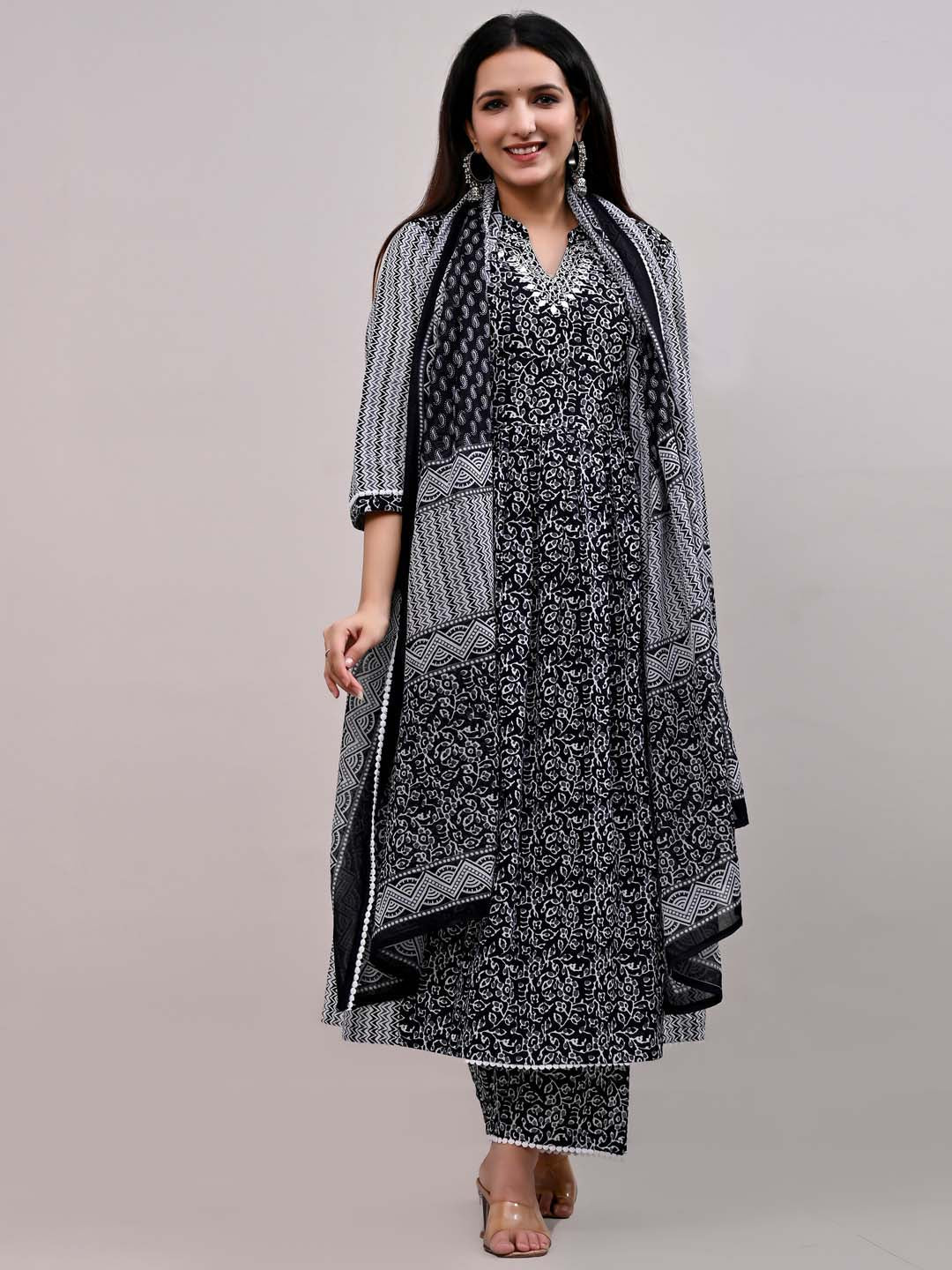 Printed Cotton Kurta With Pants &amp; Dupatta