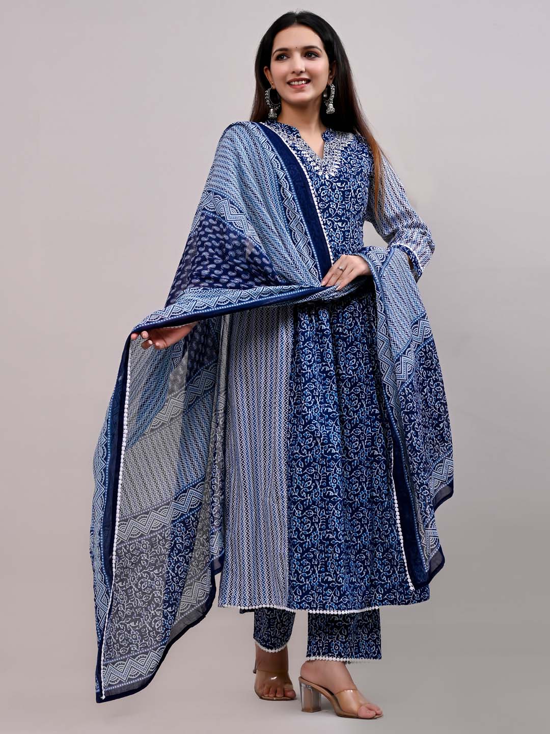 Printed Cotton Kurta With Pants &amp; Dupatta