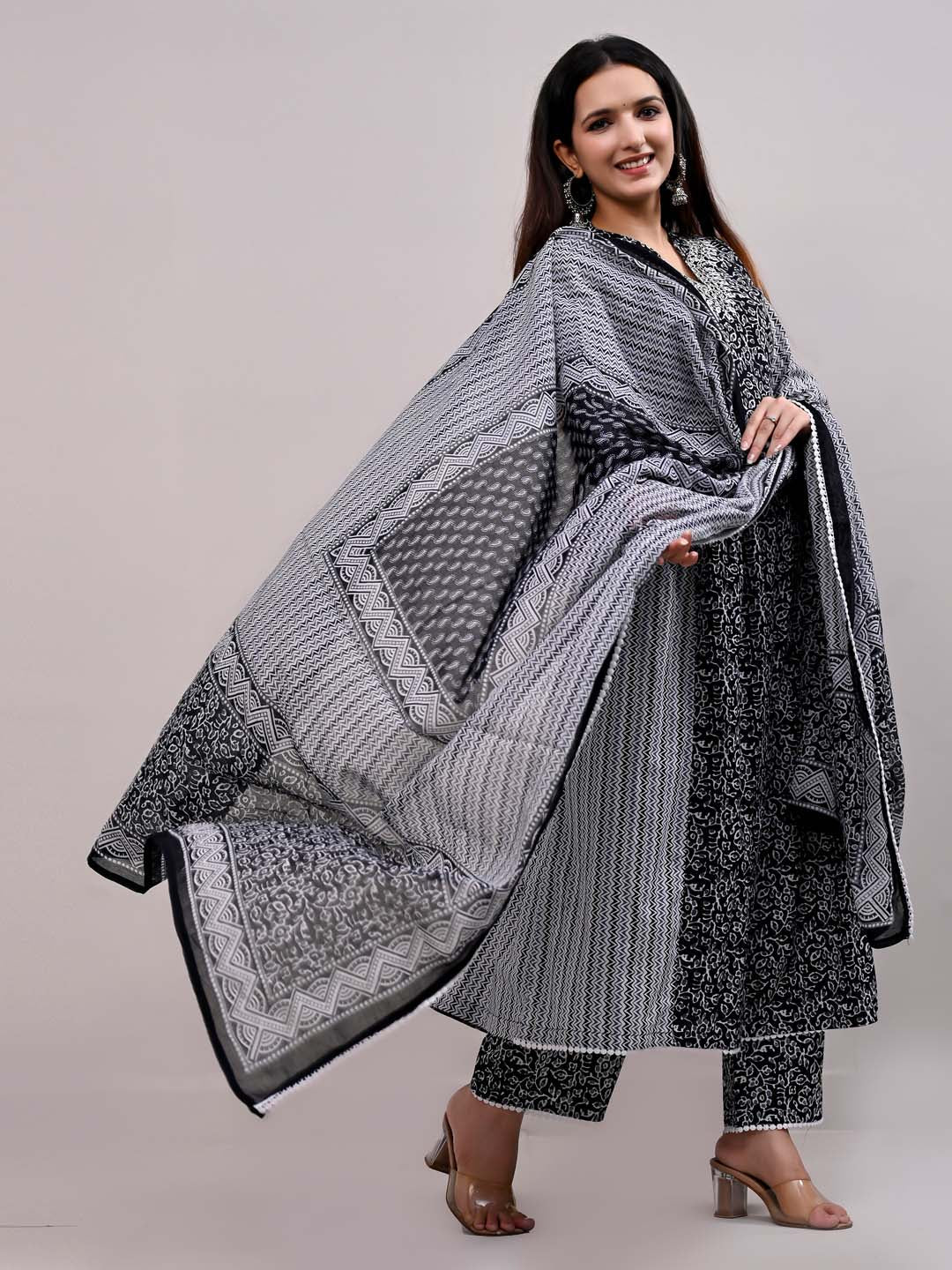 Printed Cotton Kurta With Pants &amp; Dupatta