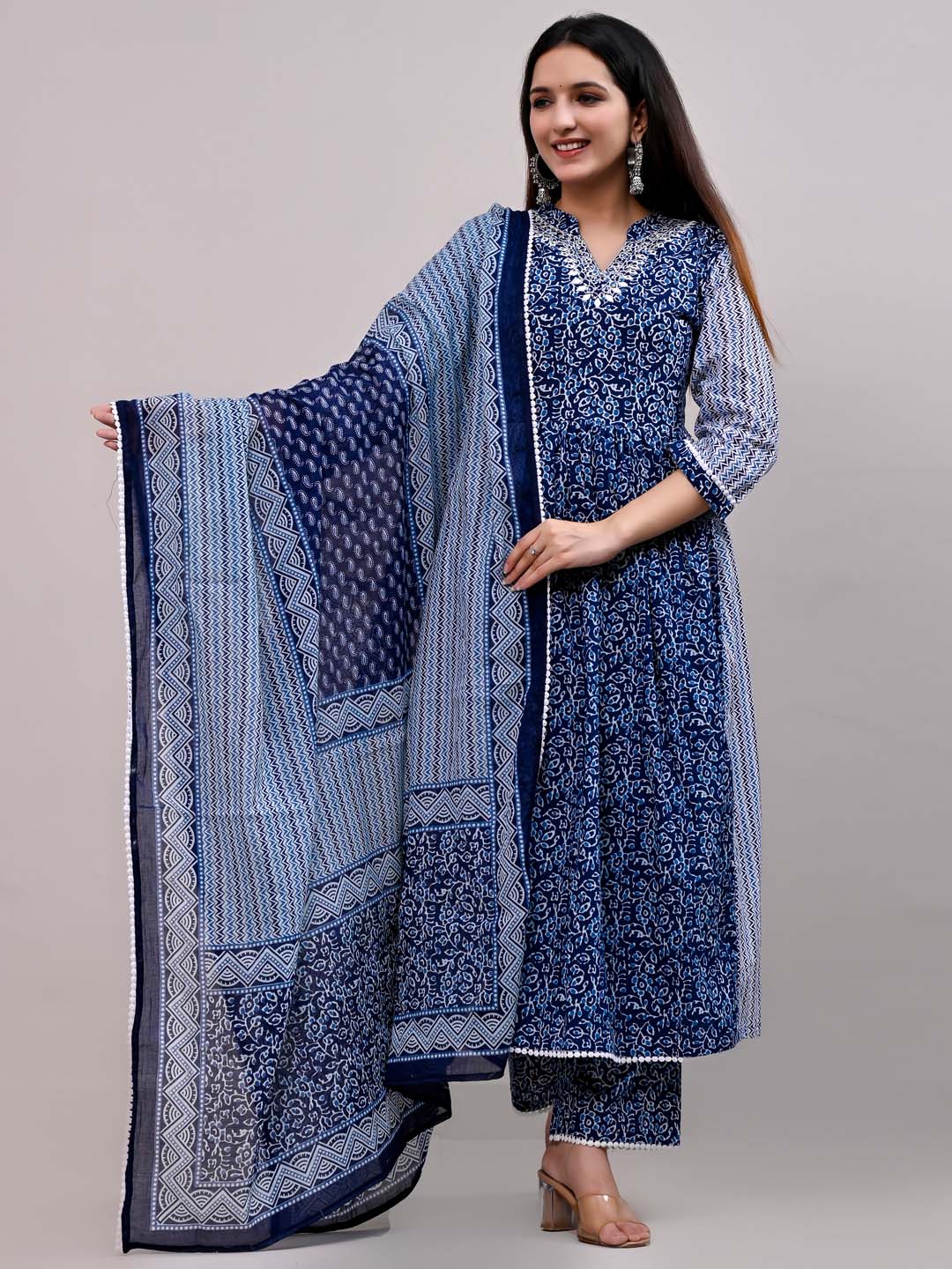 Printed Cotton Kurta With Pants &amp; Dupatta