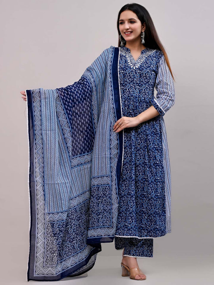 Printed Cotton Kurta With Pants &amp; Dupatta