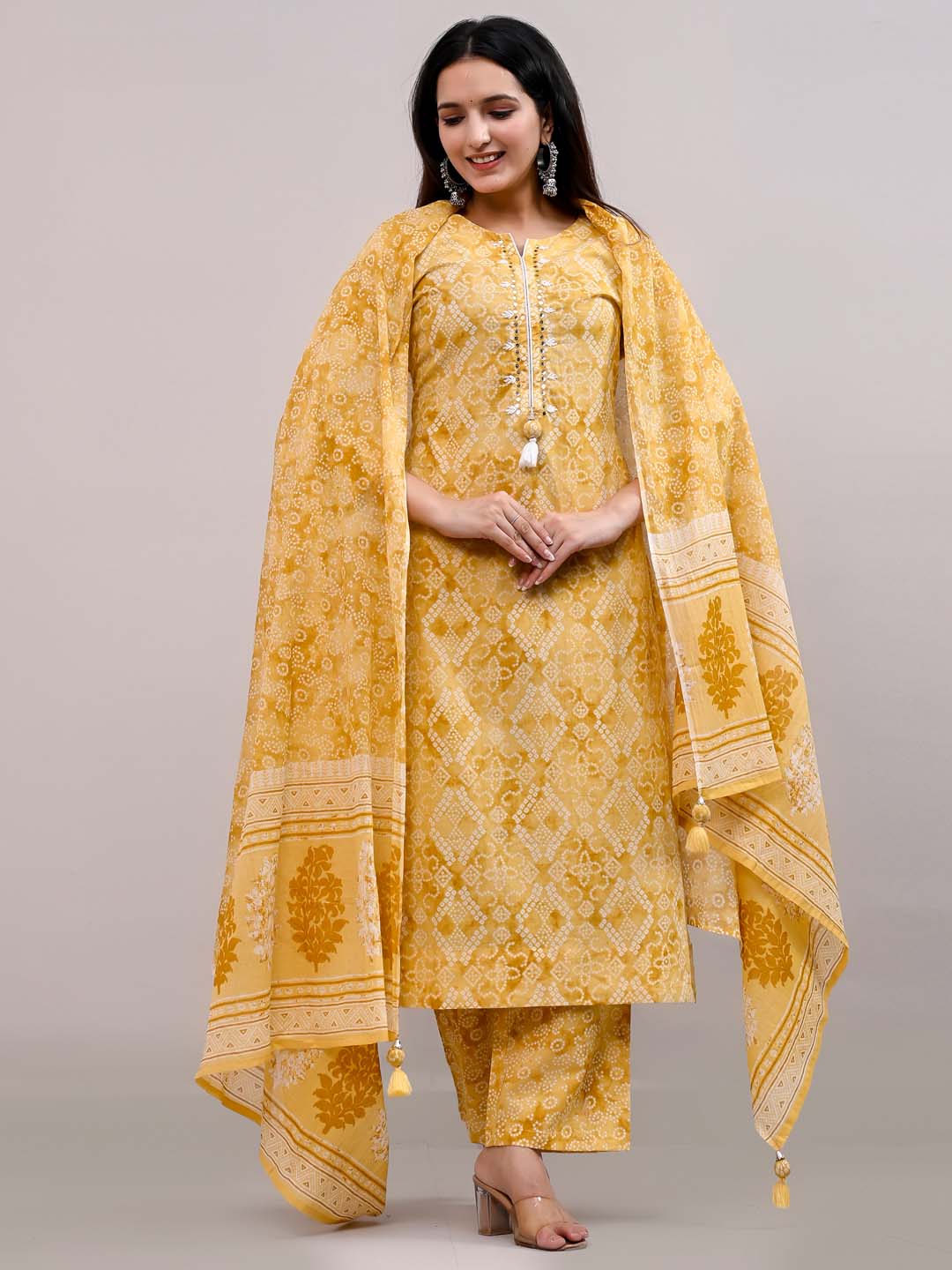 Printed Cotton Kurta With Pants &amp; Dupatta
