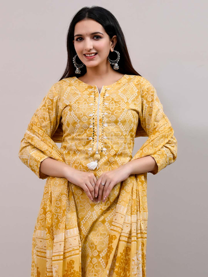 Printed Cotton Kurta With Pants &amp; Dupatta