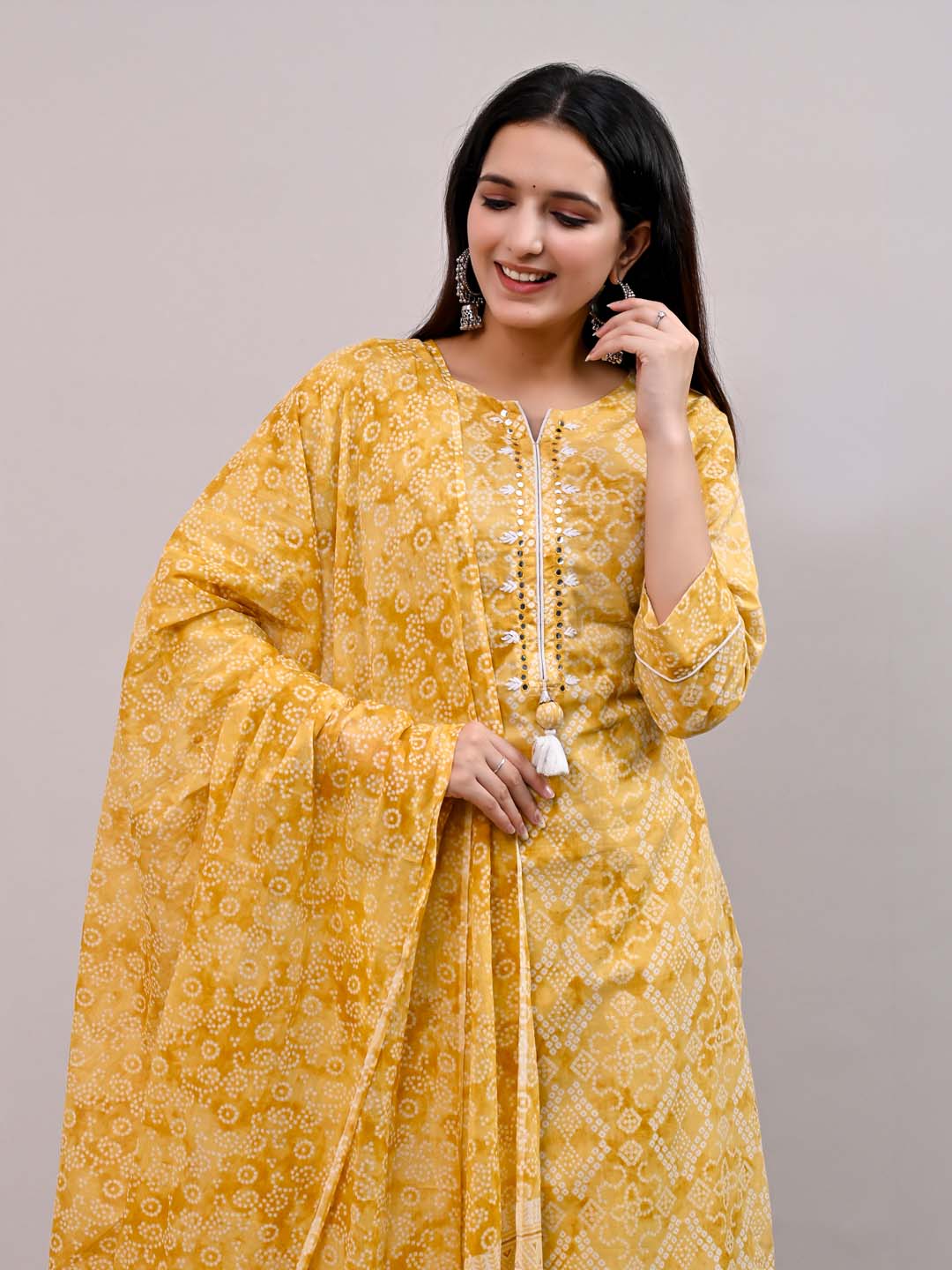 Printed Cotton Kurta With Pants &amp; Dupatta