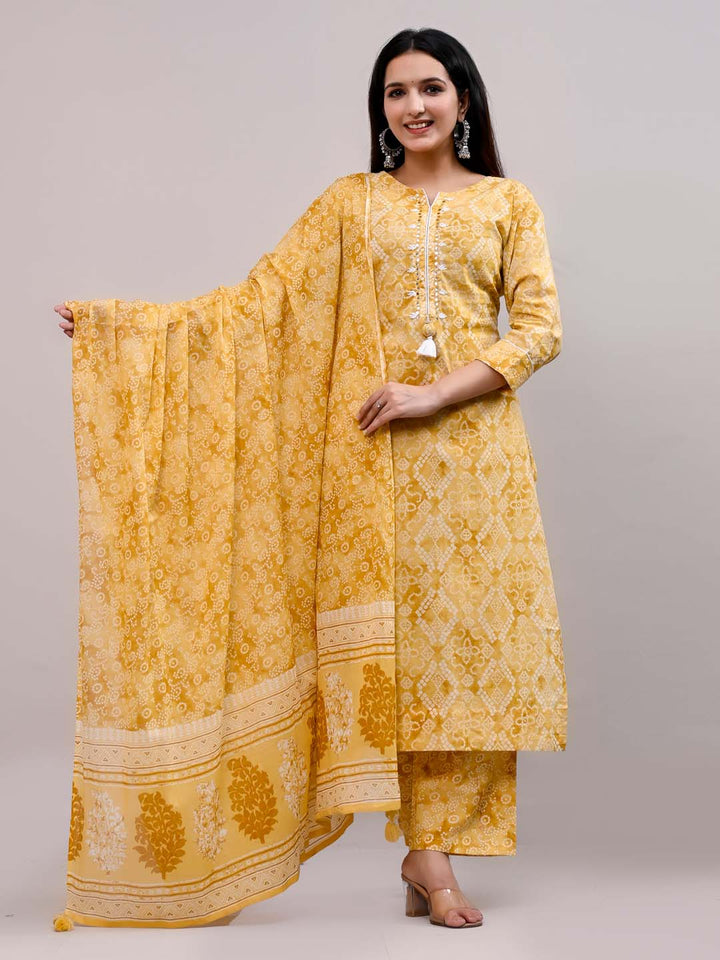 Printed Cotton Kurta With Pants &amp; Dupatta