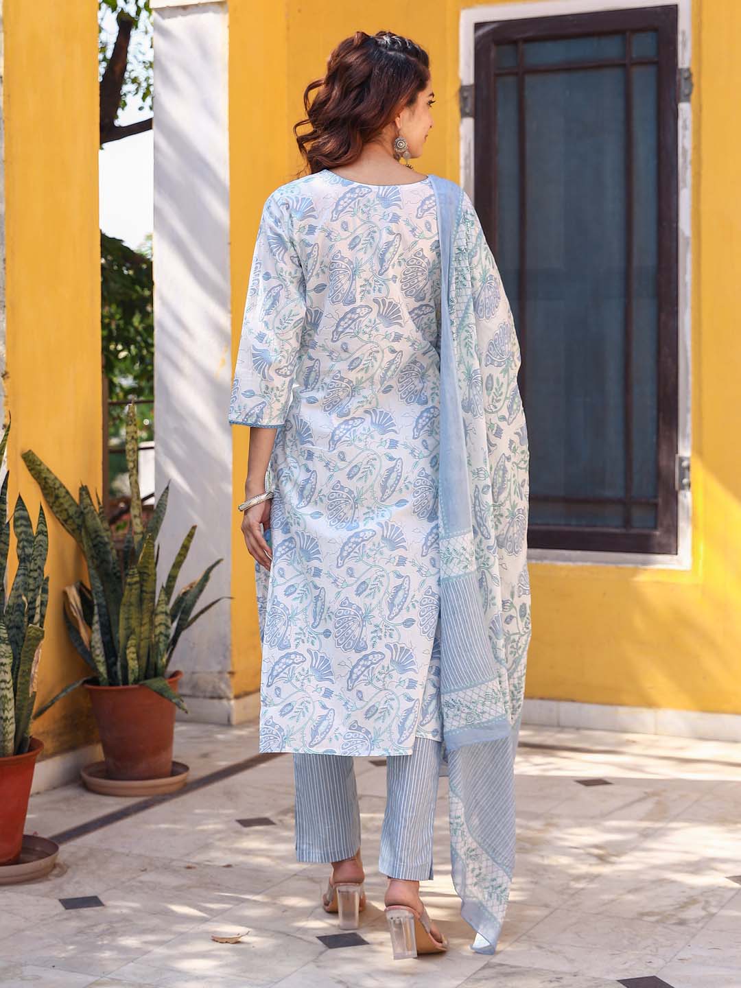 Floral Printed Cotton Kurta With Pants &amp; Dupatta
