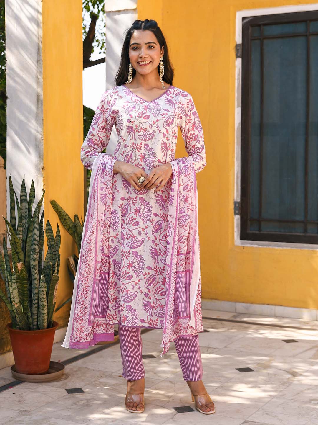 Floral Printed Cotton Kurta With Pants &amp; Dupatta