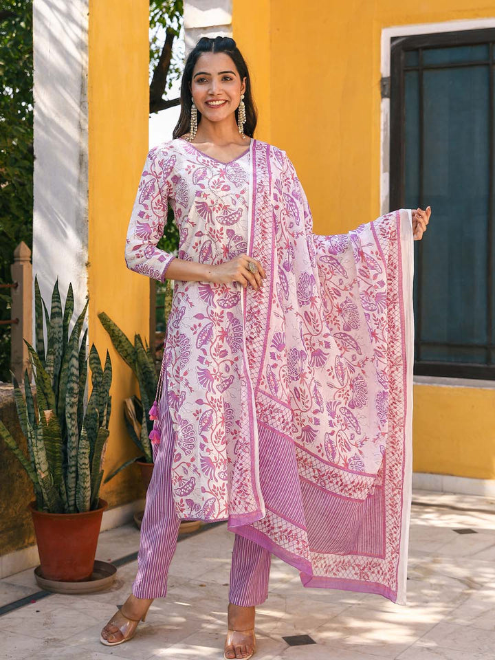 Floral Printed Cotton Kurta With Pants &amp; Dupatta