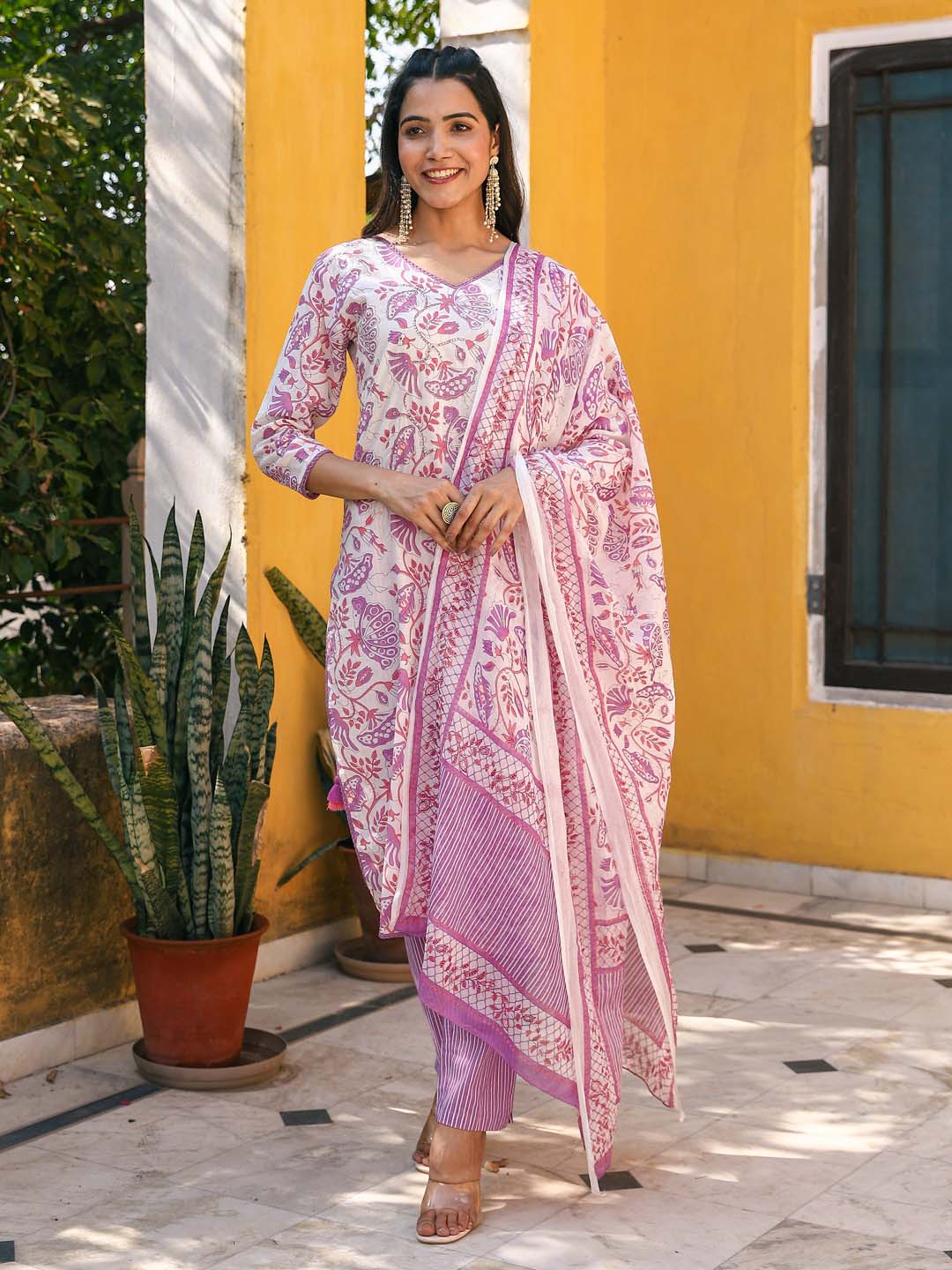 Floral Printed Cotton Kurta With Pants &amp; Dupatta