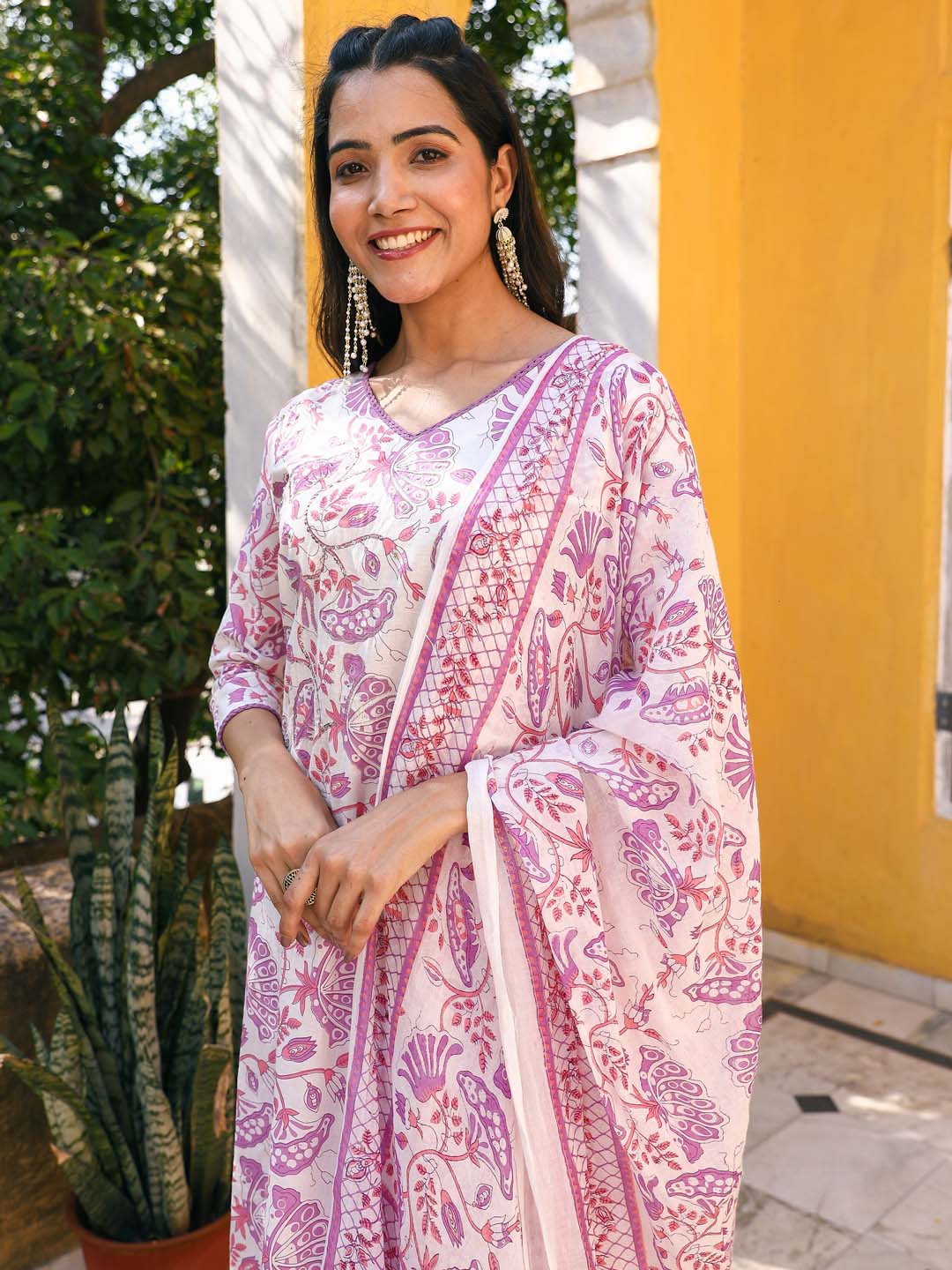 Floral Printed Cotton Kurta With Pants &amp; Dupatta