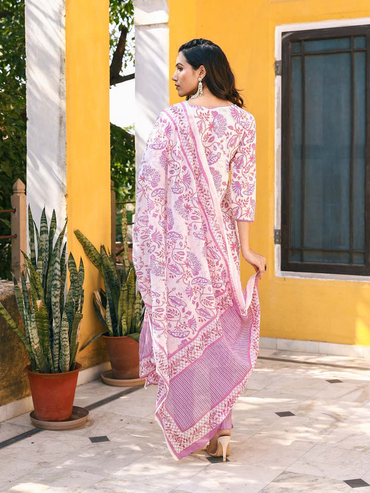 Floral Printed Cotton Kurta With Pants &amp; Dupatta