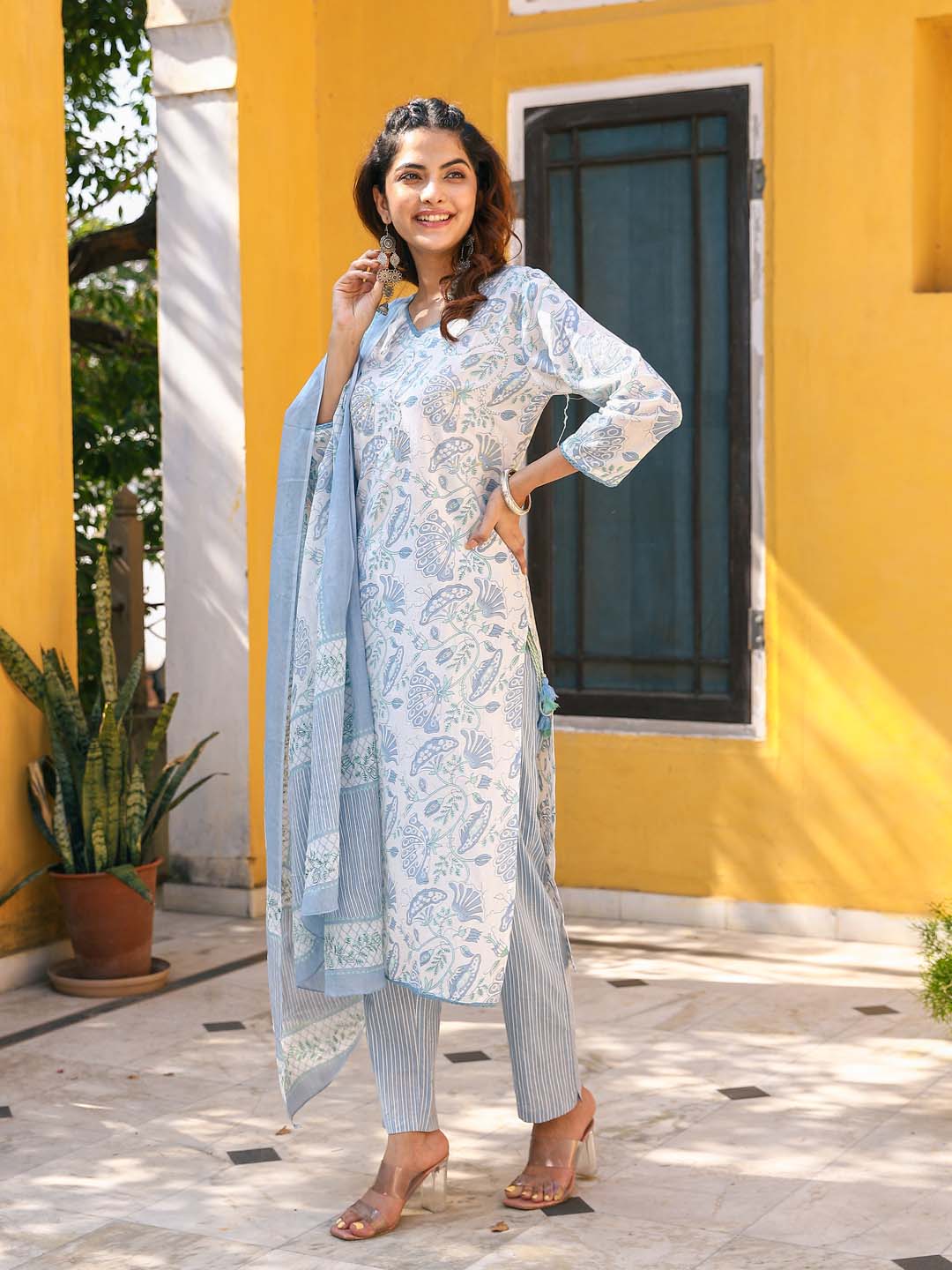 Floral Printed Cotton Kurta With Pants &amp; Dupatta