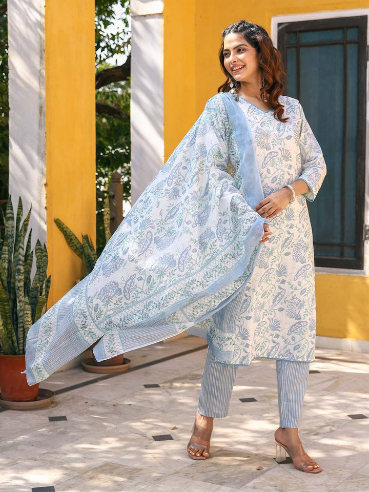 Floral Printed Cotton Kurta With Pants &amp; Dupatta
