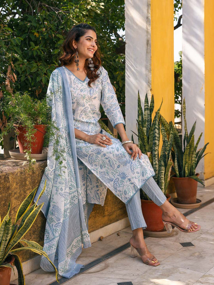 Floral Printed Cotton Kurta With Pants &amp; Dupatta