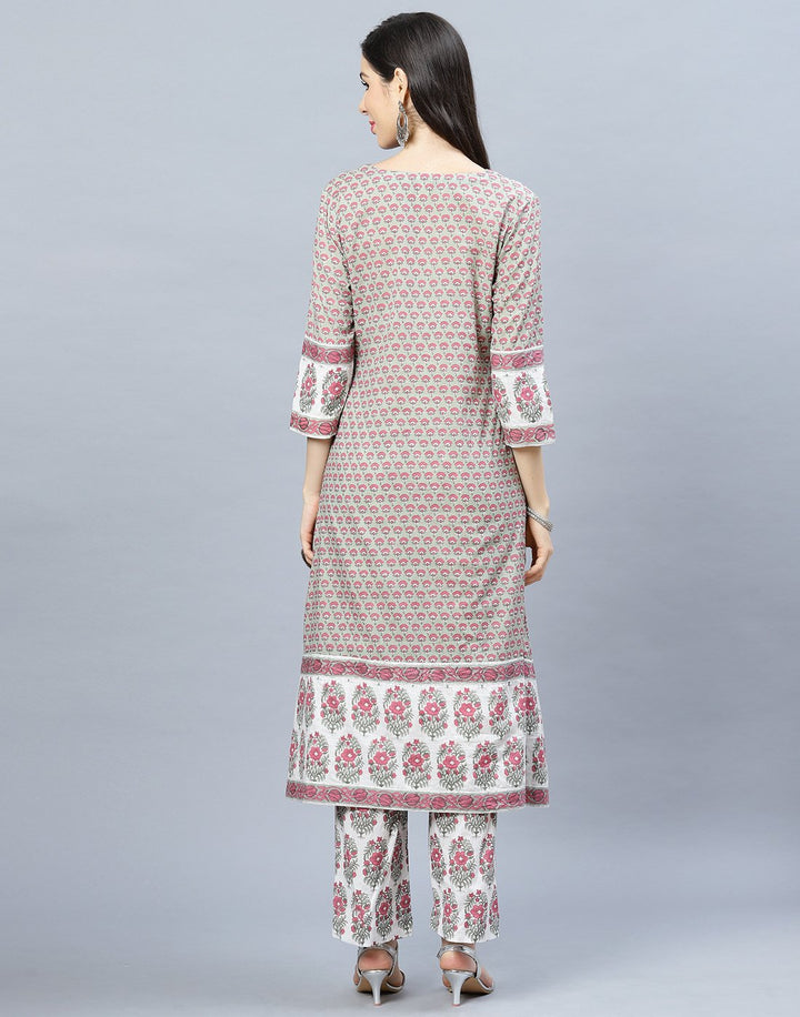 Dull Green Cotton Printed Kurti with Pant