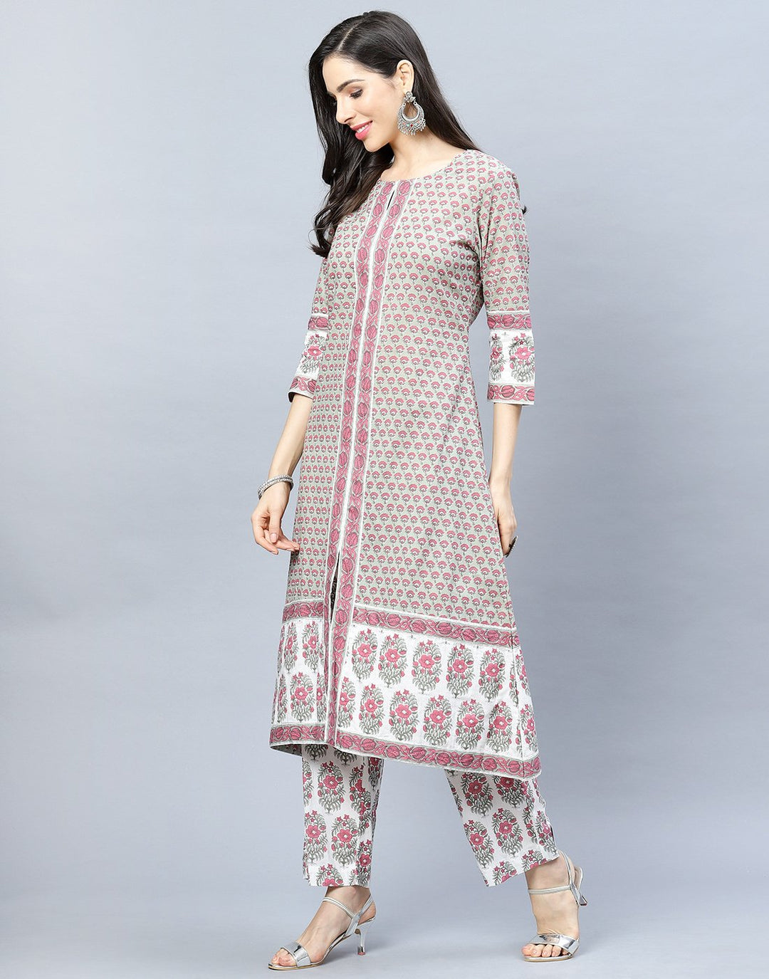 Dull Green Cotton Printed Kurti with Pant