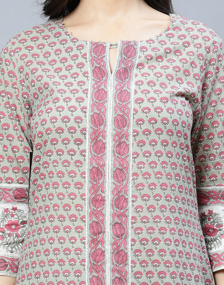 Dull Green Cotton Printed Kurti with Pant