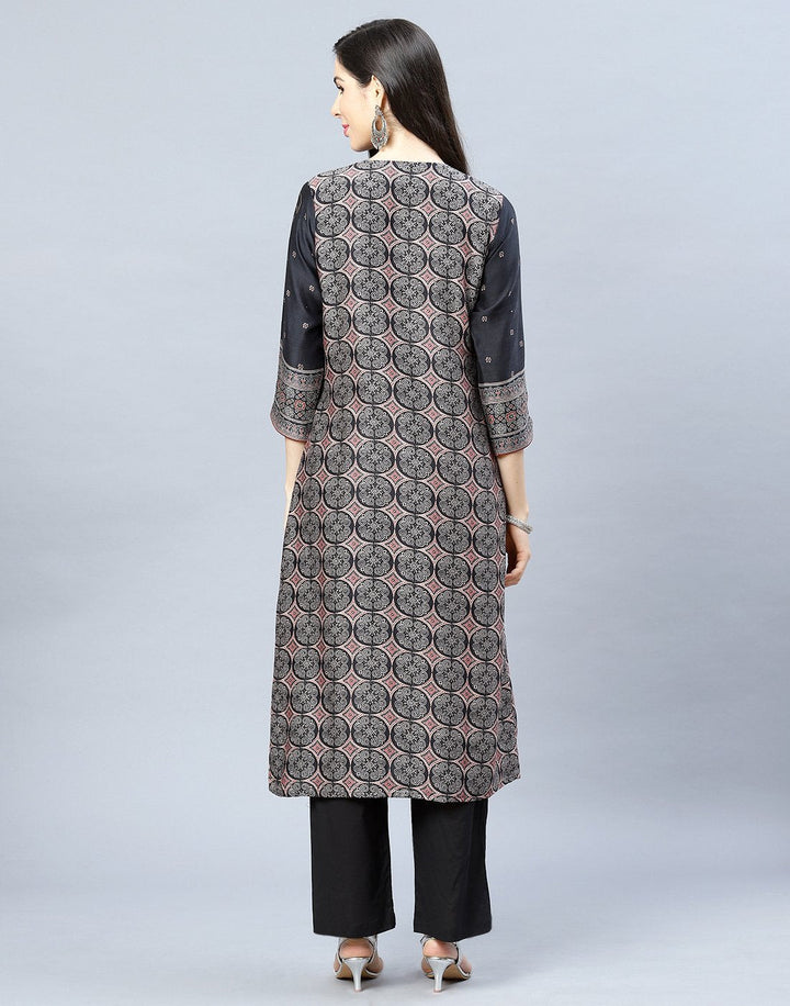 Chanderi Printed Angrakha Kurti Pant Set