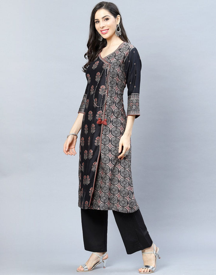 Chanderi Printed Angrakha Kurti Pant Set
