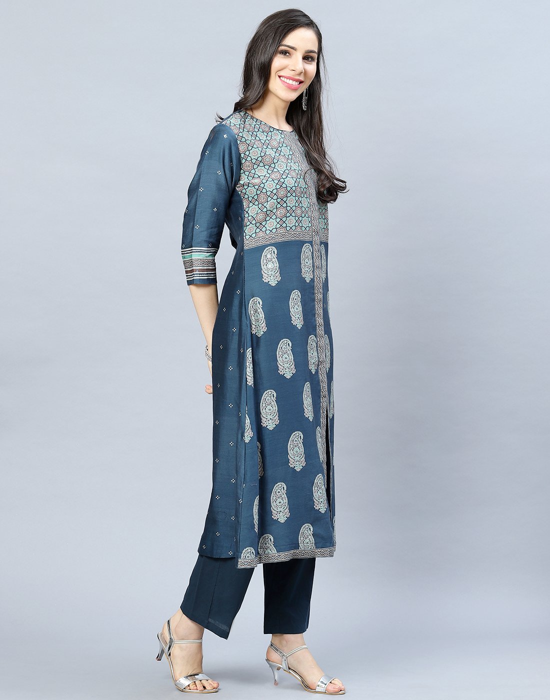 Chanderi Kurti Pant Set with Yoke Detail
