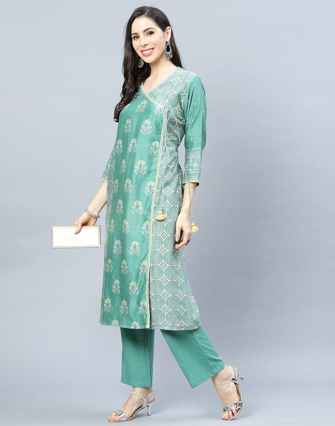 Chanderi Printed Angrakha Kurti Pant Set