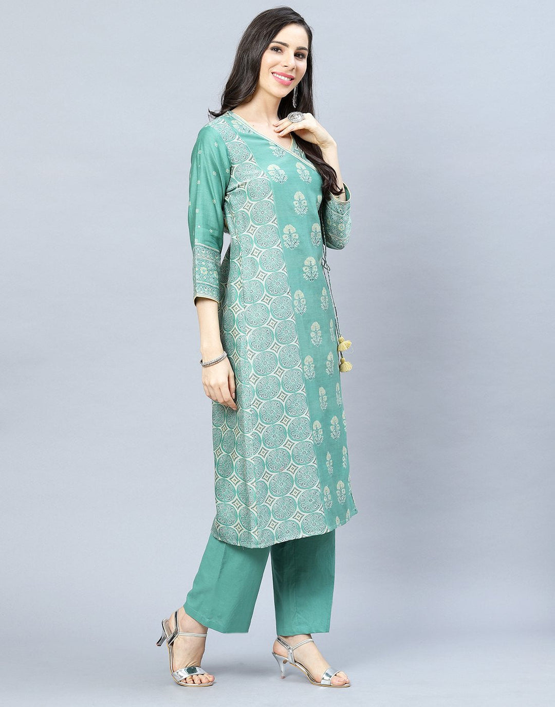 Chanderi Printed Angrakha Kurti Pant Set