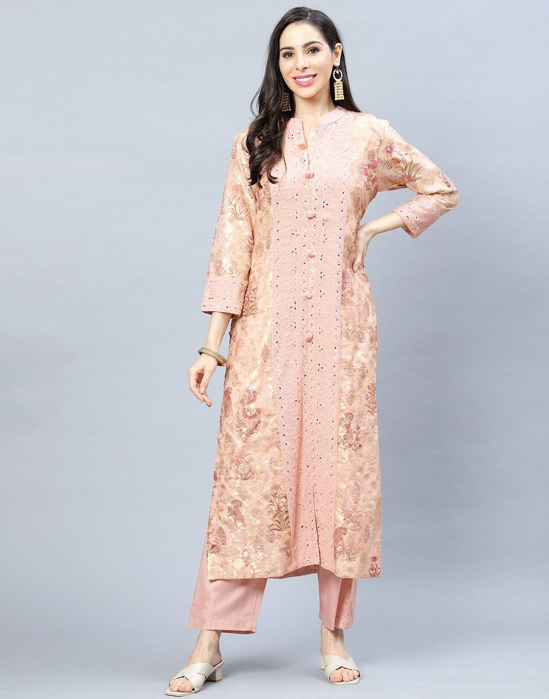 Embroidered Chanderi Kurti Pant Set