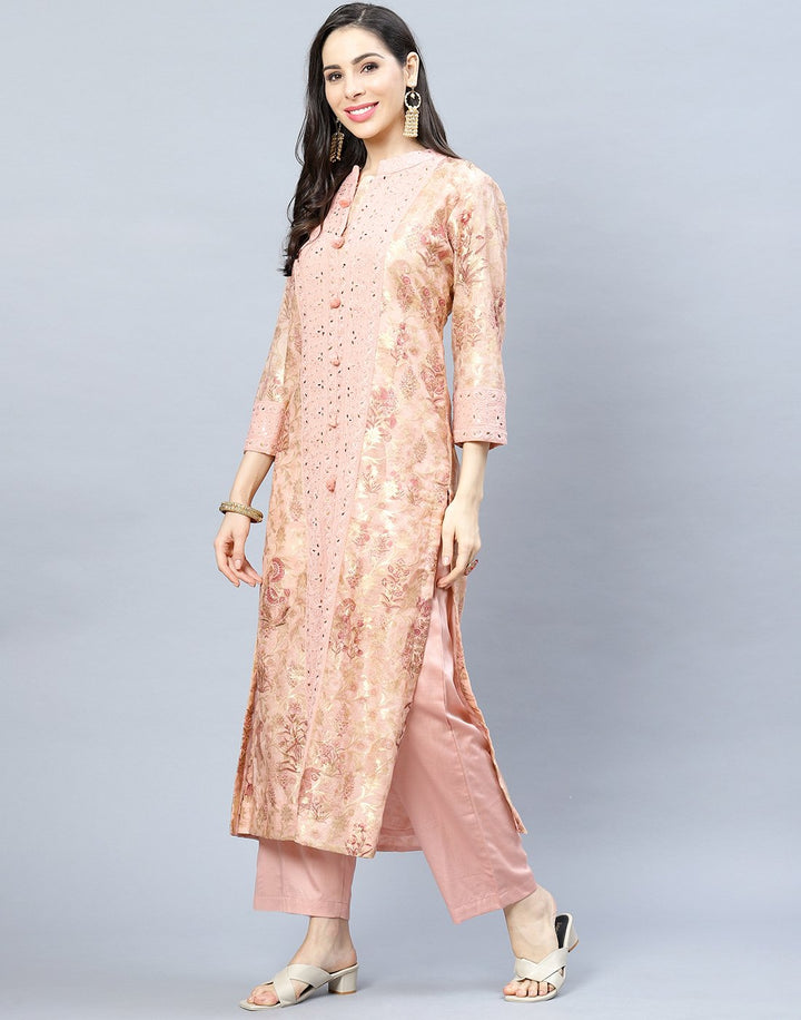 Embroidered Chanderi Kurti Pant Set