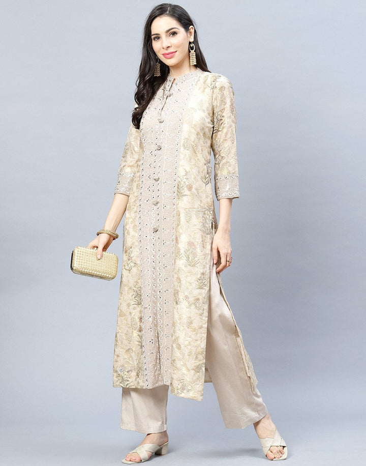 Embroidered Chanderi Kurti Pant Set