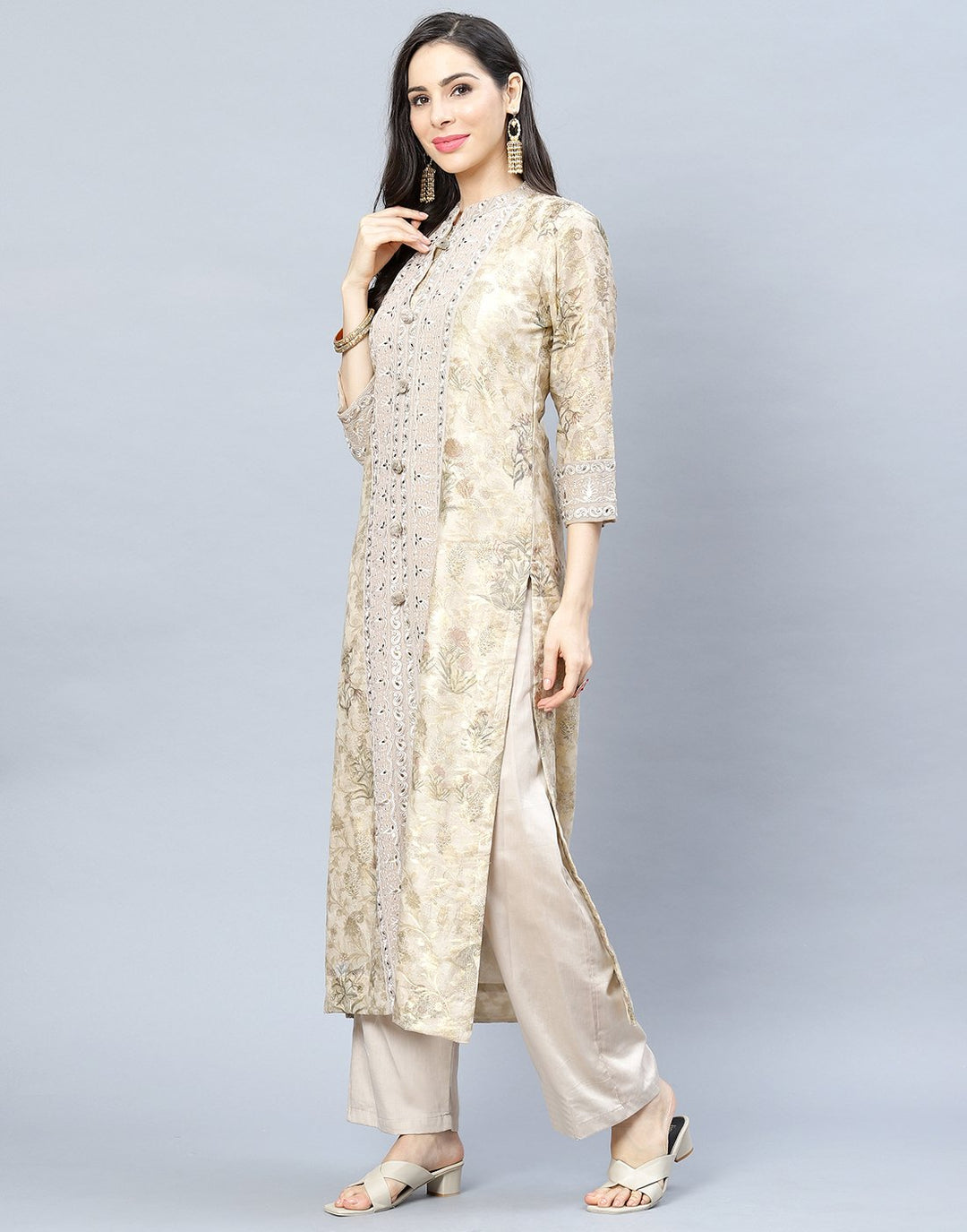 Embroidered Chanderi Kurti Pant Set