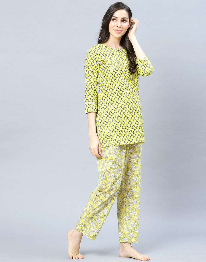Yellow Printed Cotton Short Kurti Set