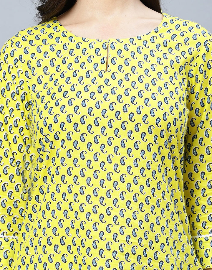 Yellow Printed Cotton Short Kurti Set