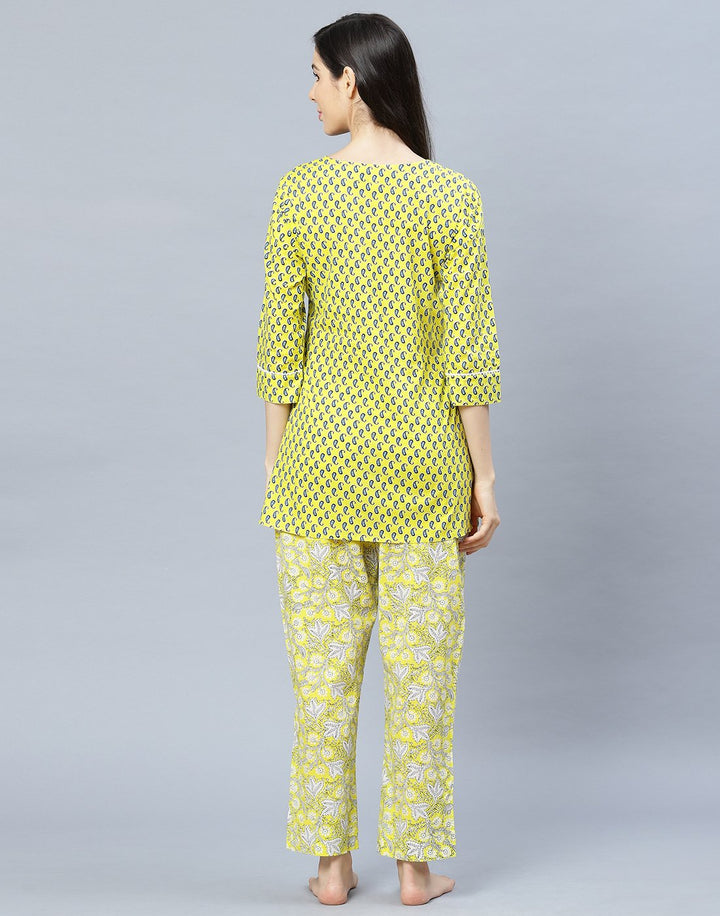 Yellow Printed Cotton Short Kurti Set