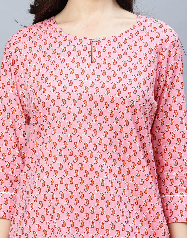 Pink Printed Cotton Short Kurti Set