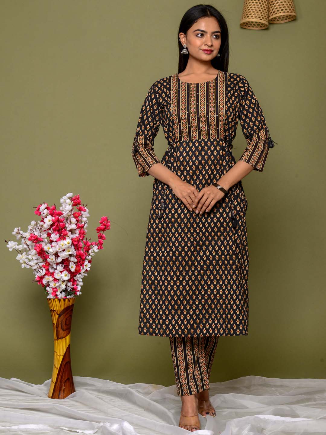 Printed Cotton Kurta With Pants &amp; Dupatta