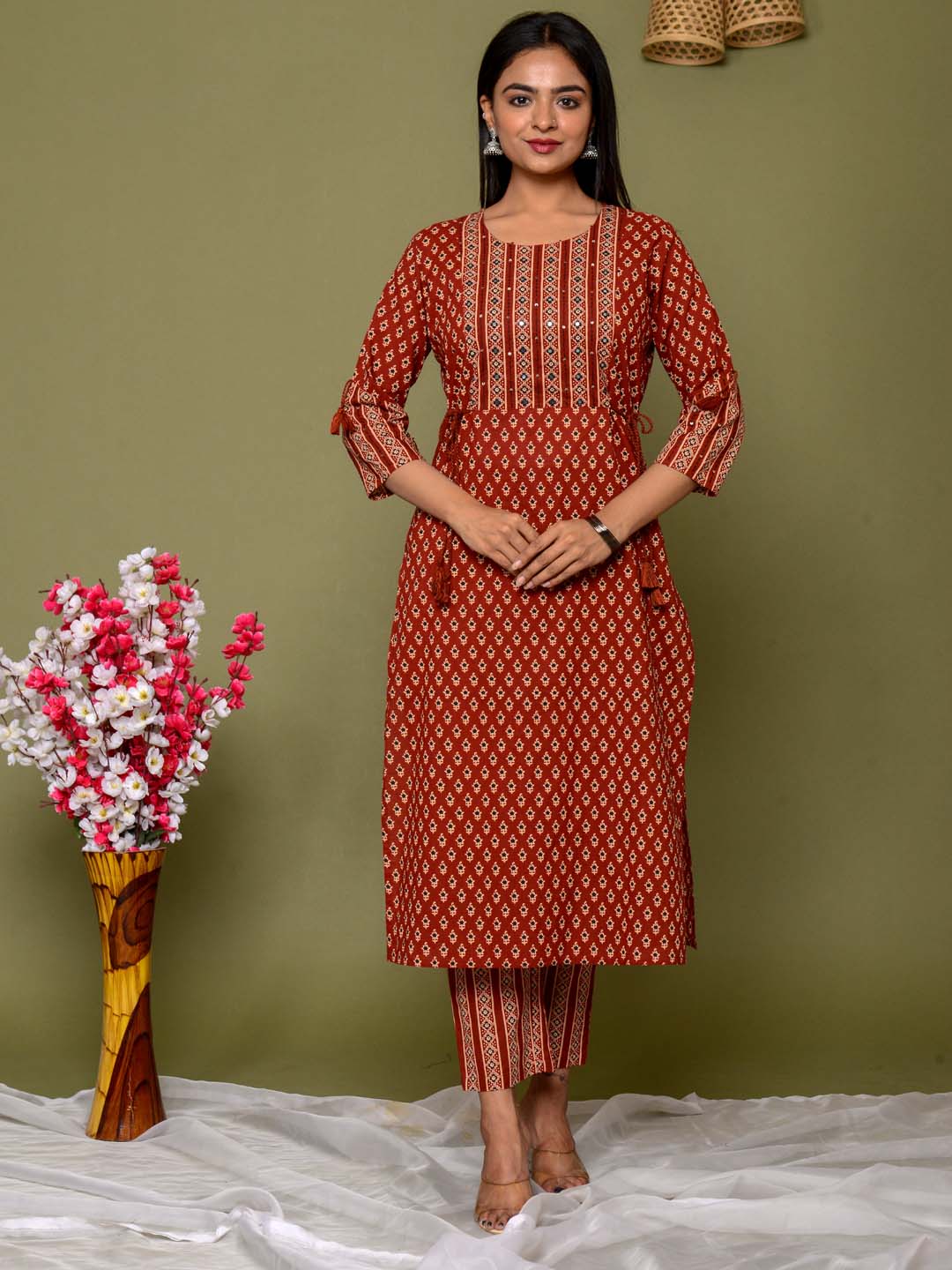 Printed Cotton Kurta With Pants &amp; Dupatta