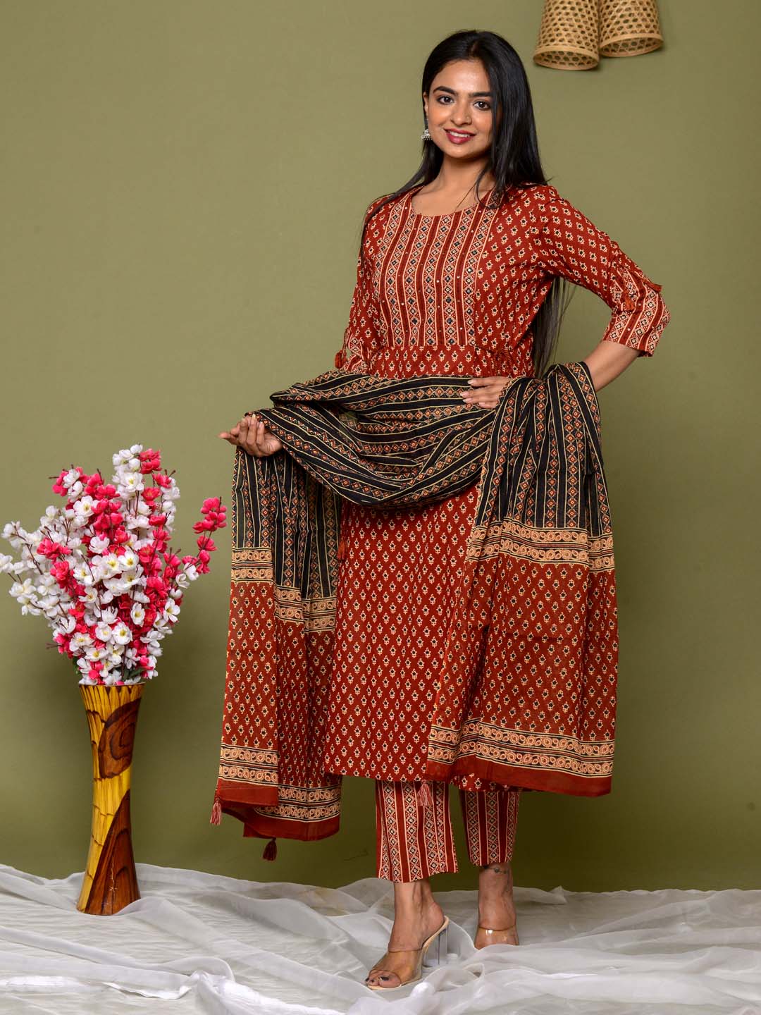 Printed Cotton Kurta With Pants &amp; Dupatta