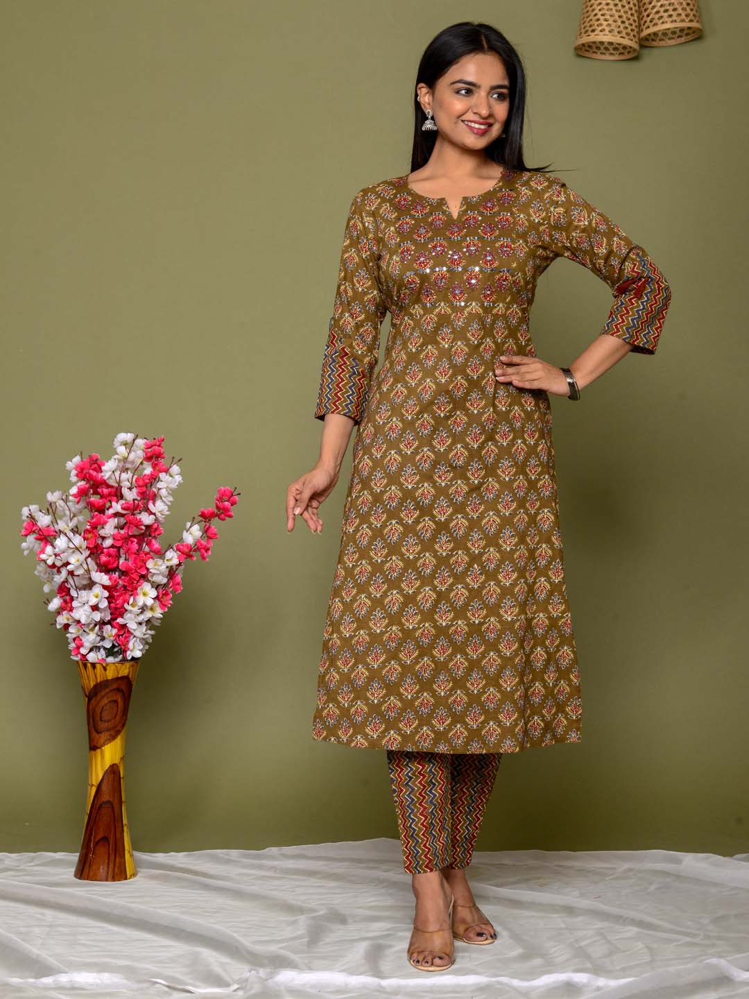 Embroidered Straight Cotton Kurta Set With Pants &amp; Dupatta