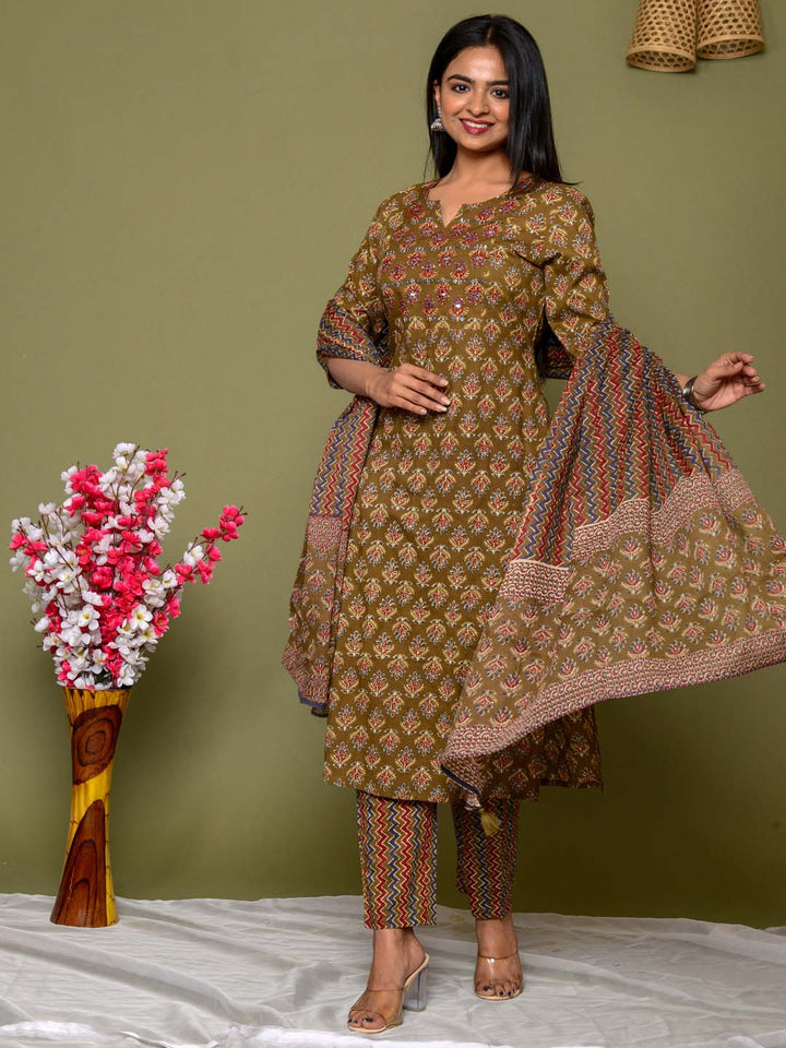 Embroidered Straight Cotton Kurta Set With Pants &amp; Dupatta