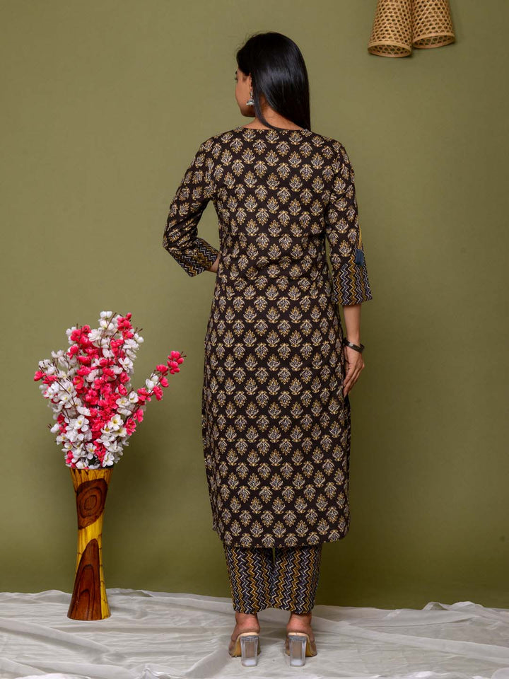 Embroidered Straight Cotton Kurta Set With Pants &amp; Dupatta