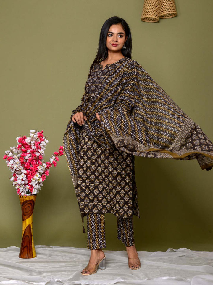 Embroidered Straight Cotton Kurta Set With Pants &amp; Dupatta