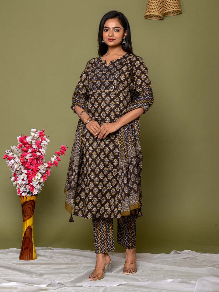 Embroidered Straight Cotton Kurta Set With Pants &amp; Dupatta