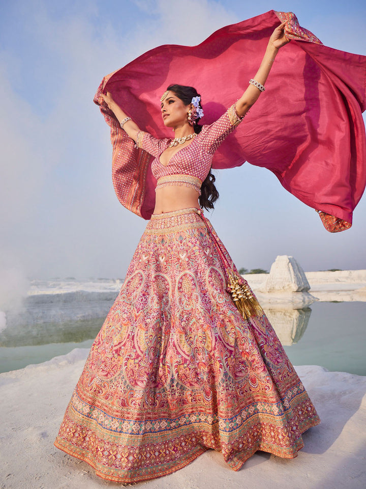 Printed &amp; Thread Embroidered Choli With Lehenga &amp; Dupatta