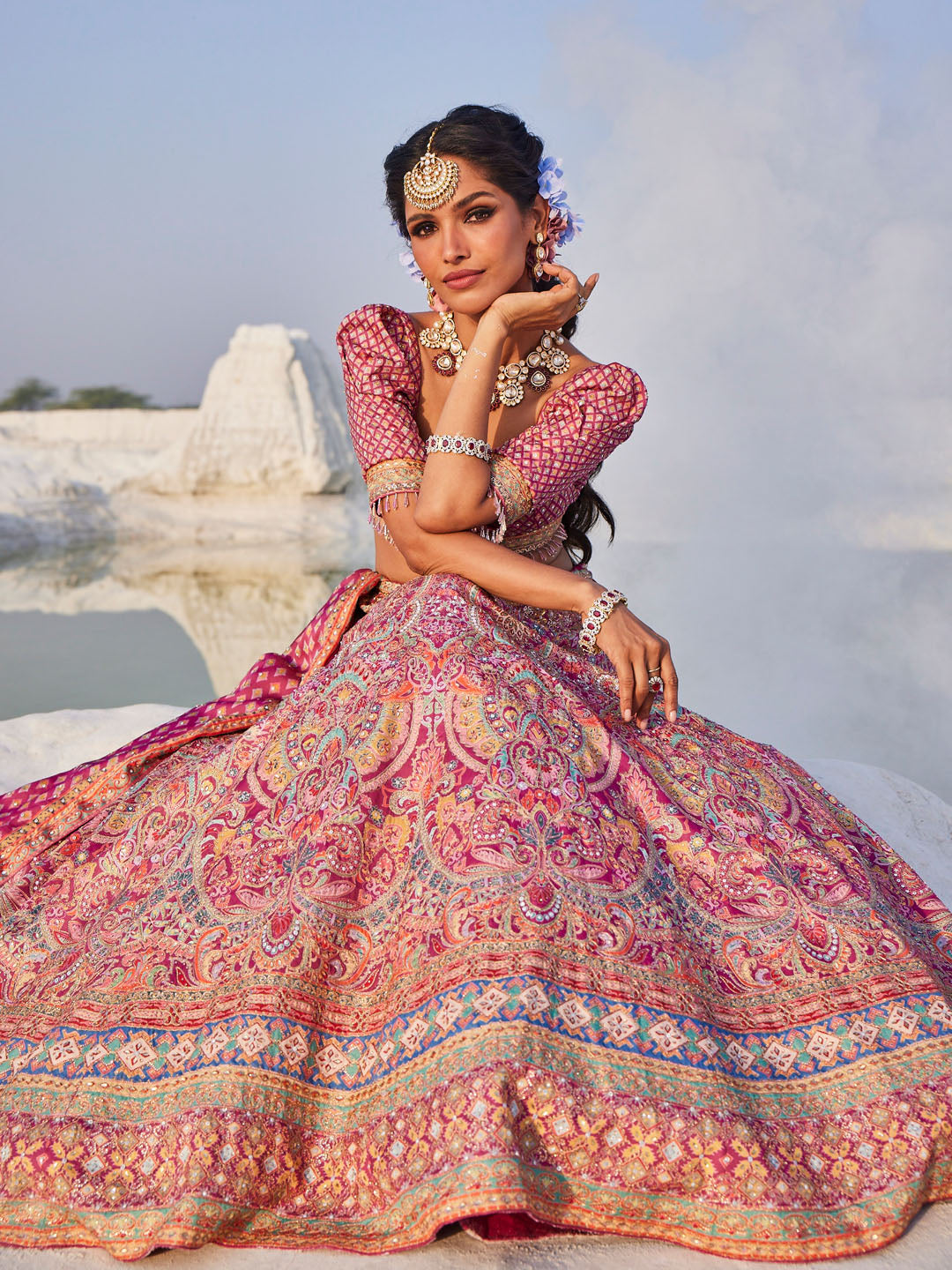 Printed &amp; Thread Embroidered Choli With Lehenga &amp; Dupatta