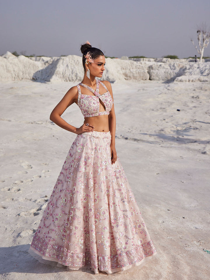 Sequin Embroidered Choli With Lehenga &amp; Dupatta